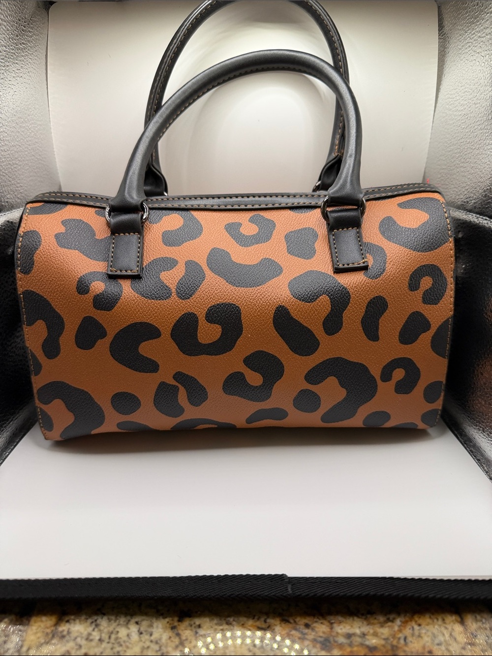 Leopard Print Mini Barrel Bag in Brown and Black